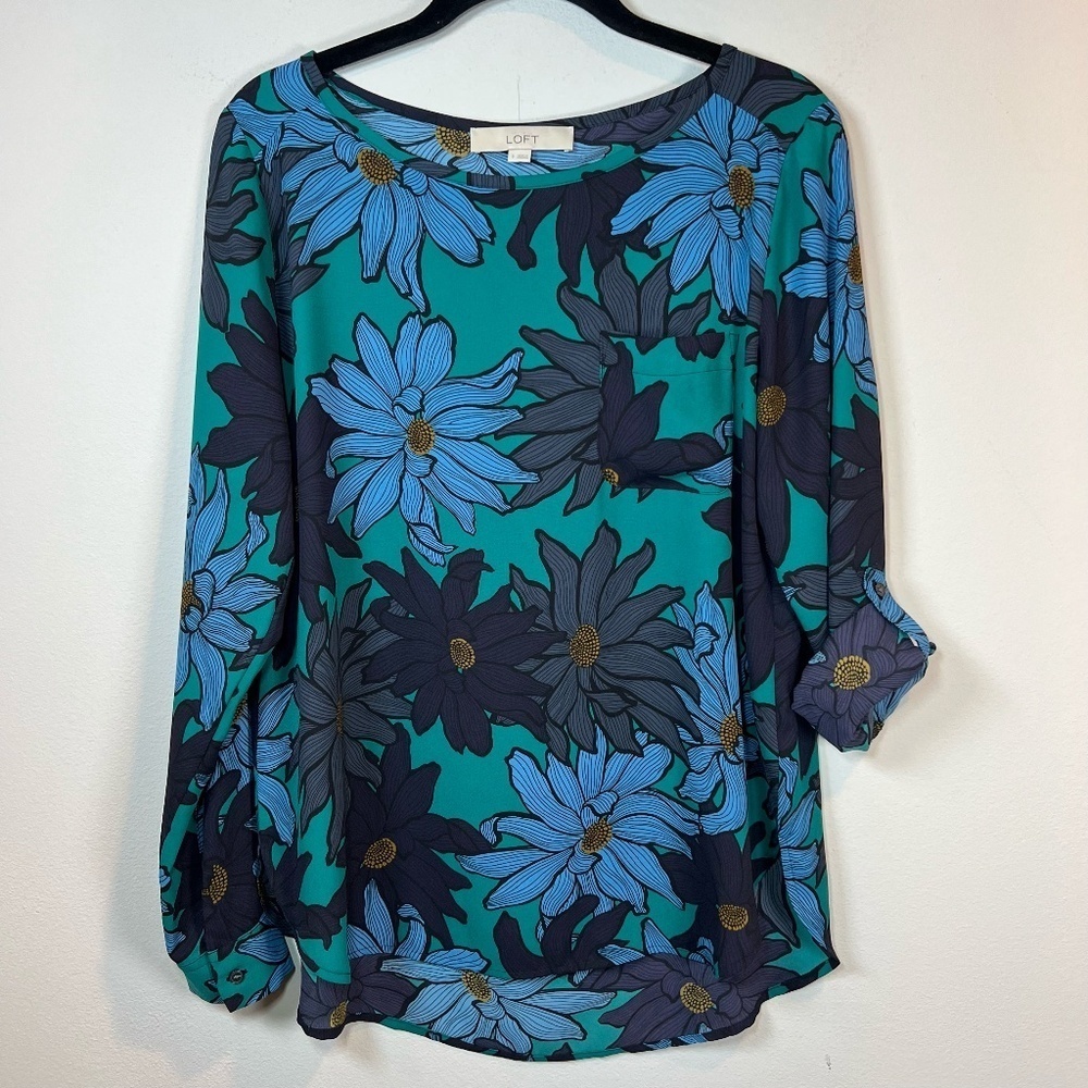 Loft Womens Floral Tunic Blouse Top Roll Tab Sleeve Chest Pocket Oversized Small